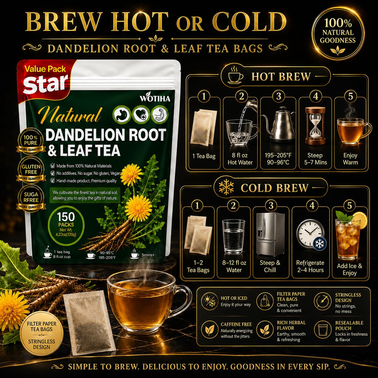 WOTIHA brewed cup steaming hot to illustrate warm comfort and caffeine-free benefit