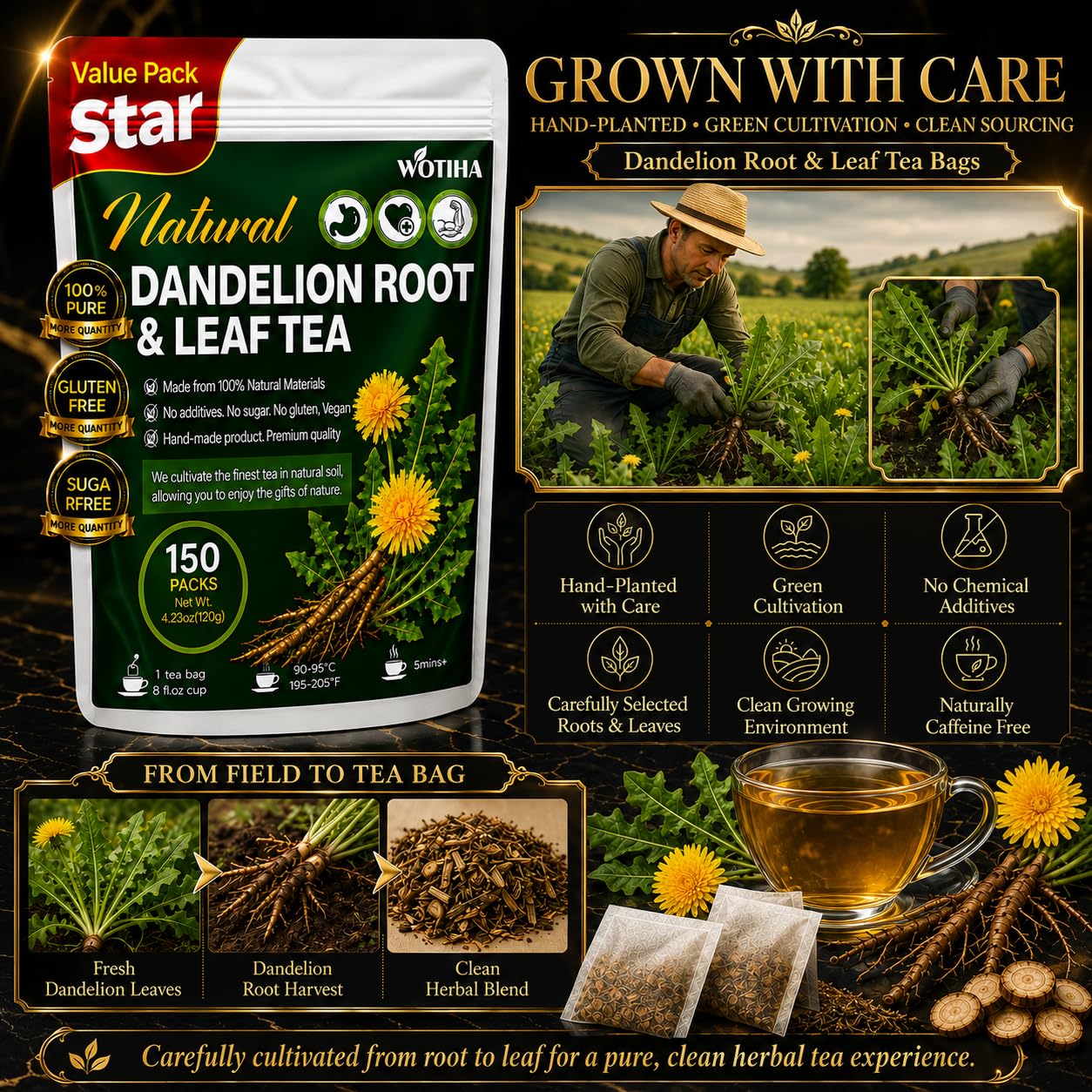WOTIHA dandelion leaf and root raw herbs showing natural sourcing and purity benefit