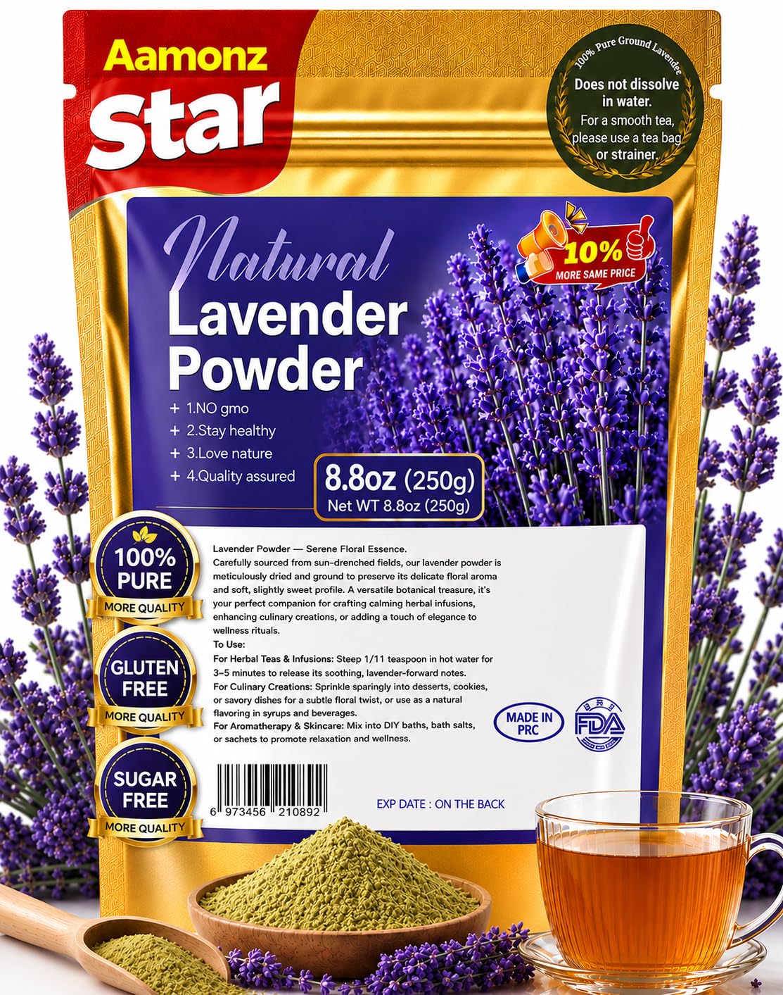 WOTIHA front packaging showing 250g edible lavender powder and benefits