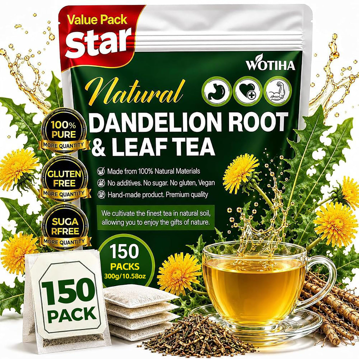 WOTIHA front packaging showing 150-count tea bag pack and clean ingredients benefit