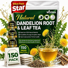 WOTIHA front packaging showing 150-count tea bag pack and clean ingredients benefit