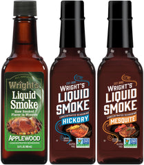 Wright's Liquid Smoke front packaging showing three 3.5 oz bottles for versatile smoky flavor