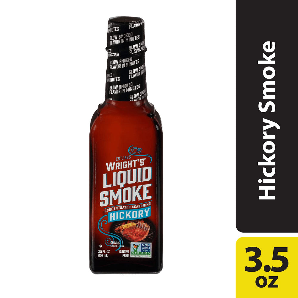 Wright's Liquid Smoke label detail highlighting hickory flavor and usage guidance for accuracy