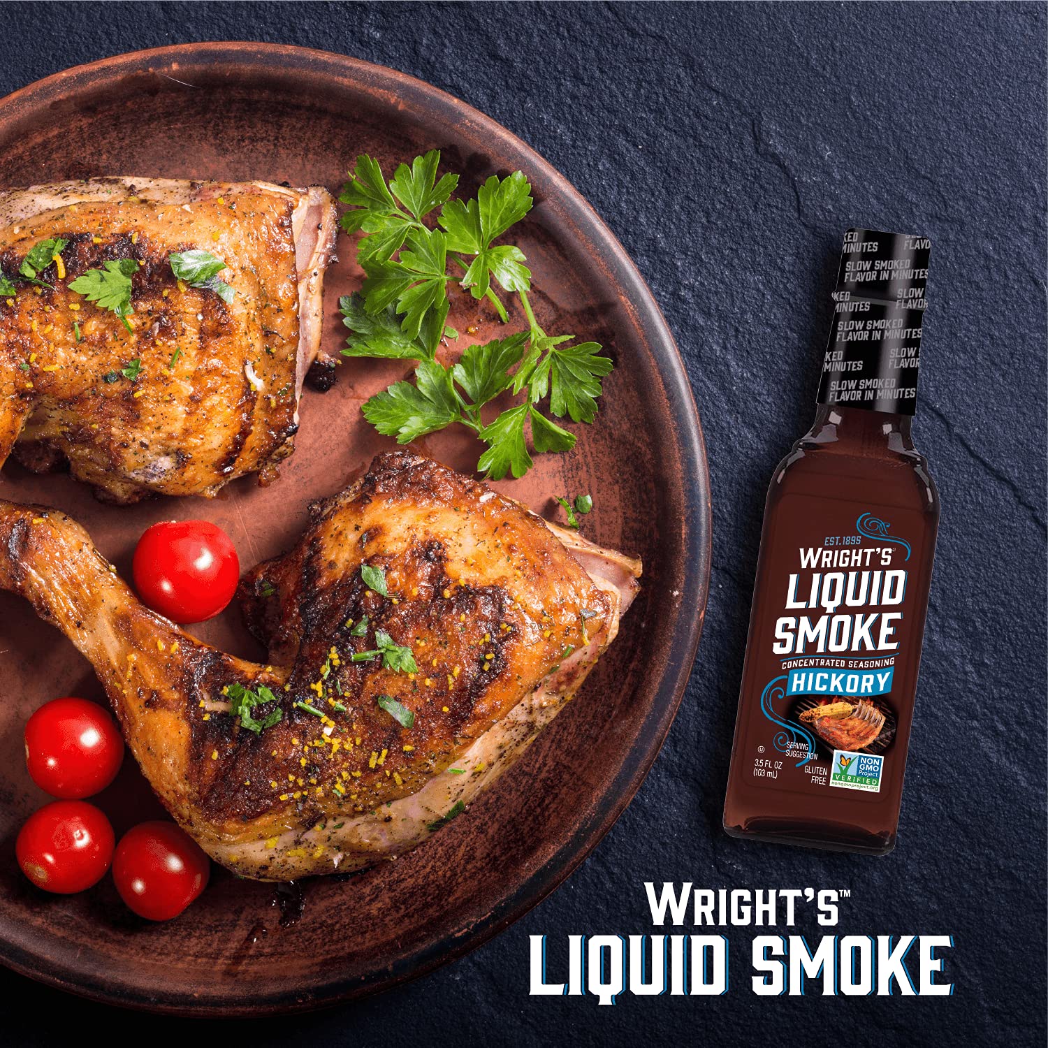 Wright's Liquid Smoke used in kitchen scene adding hickory flavor to grilled meat for depth