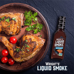 Wright's Liquid Smoke used in kitchen scene adding hickory flavor to grilled meat for depth