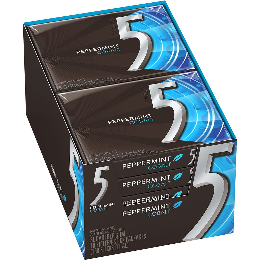 Wrigley's 5 Cobalt front packaging showing peppermint gum box and easy-access storage benefit