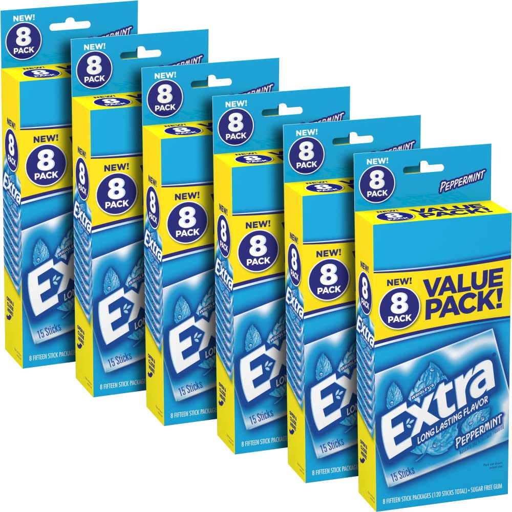 WRIGLEY'S EXTRA front pack showing bulk boxes and peppermint branding for quick recognition