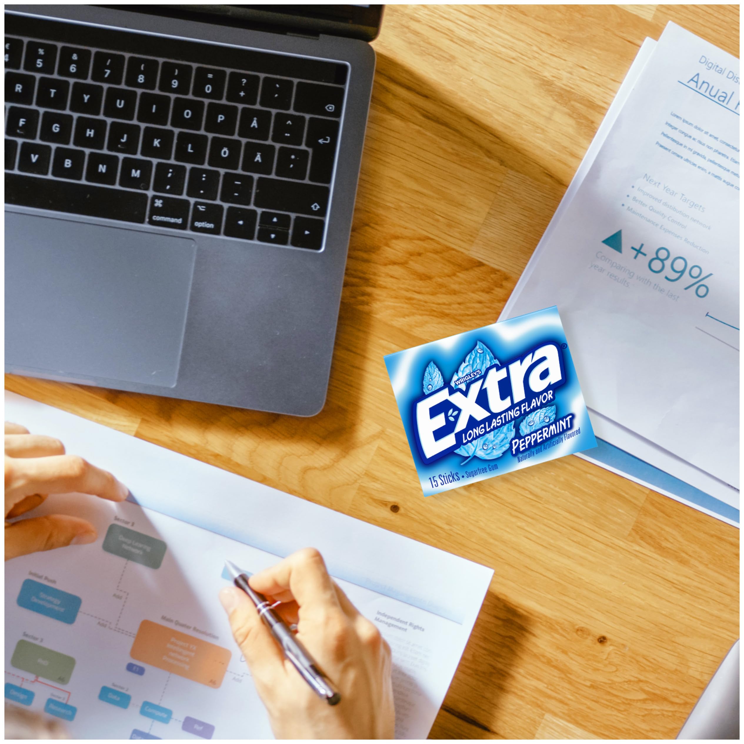WRIGLEY'S EXTRA on an office desk illustrating workplace sharing and breath confidence