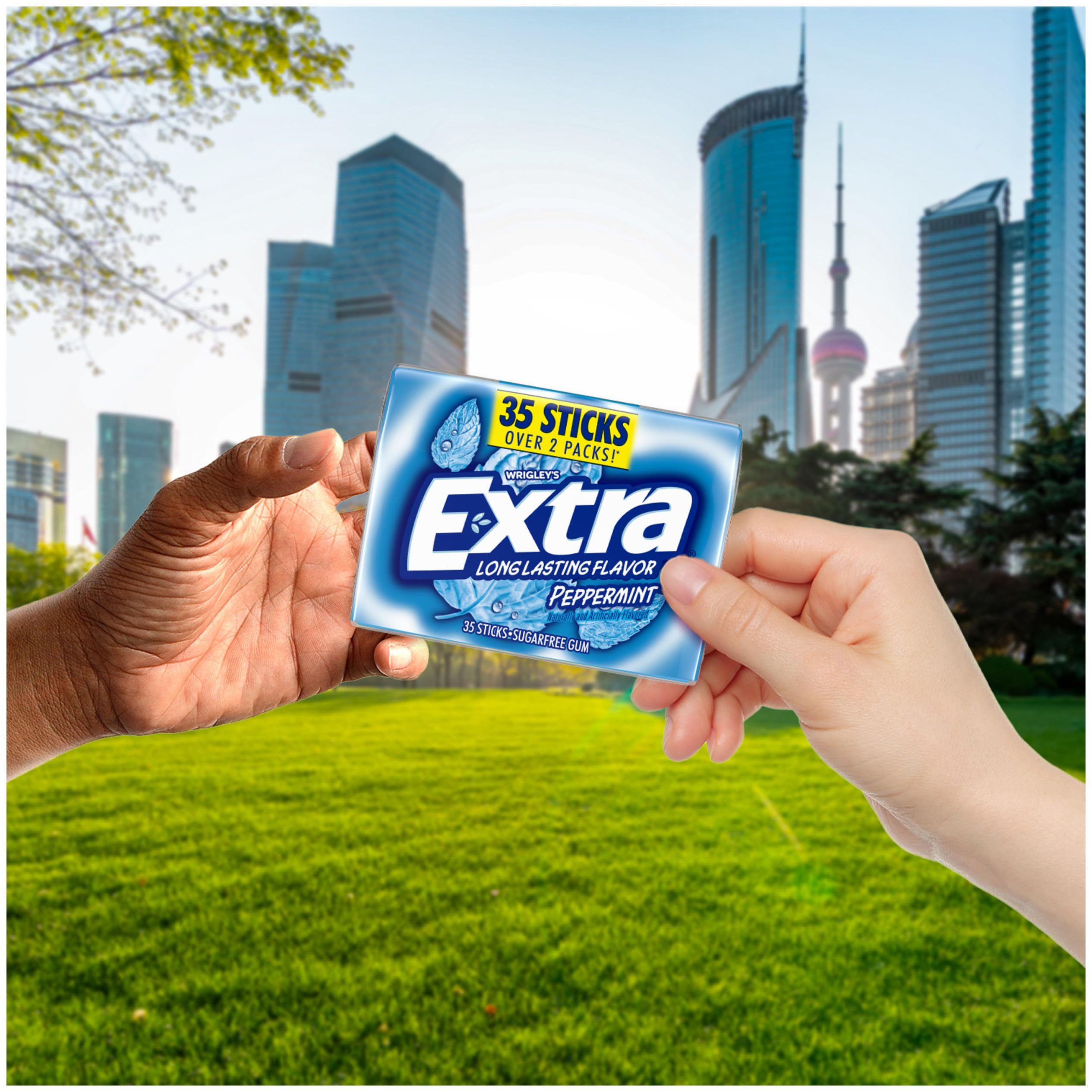 WRIGLEY'S EXTRA sticks in a pocket to show portable peppermint freshness benefit