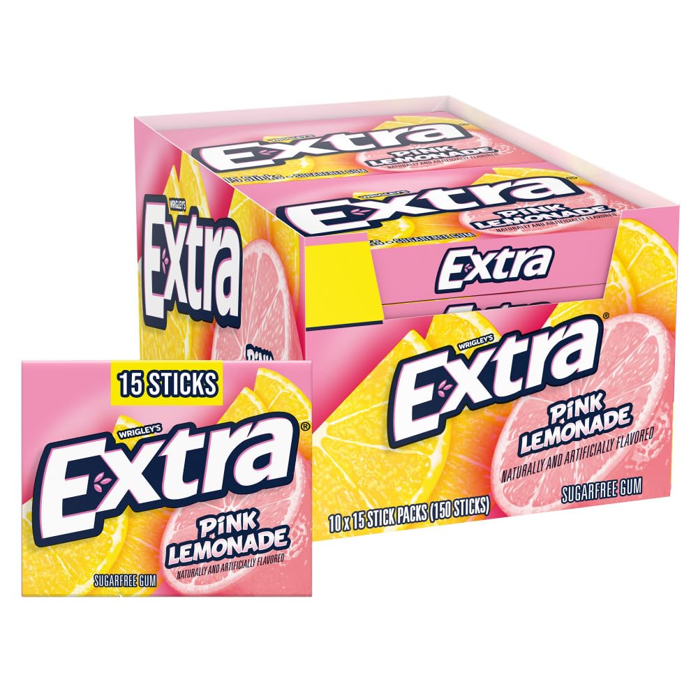 WRIGLEY'S EXTRA front packaging showing bright pink lemonade design and bulk benefit