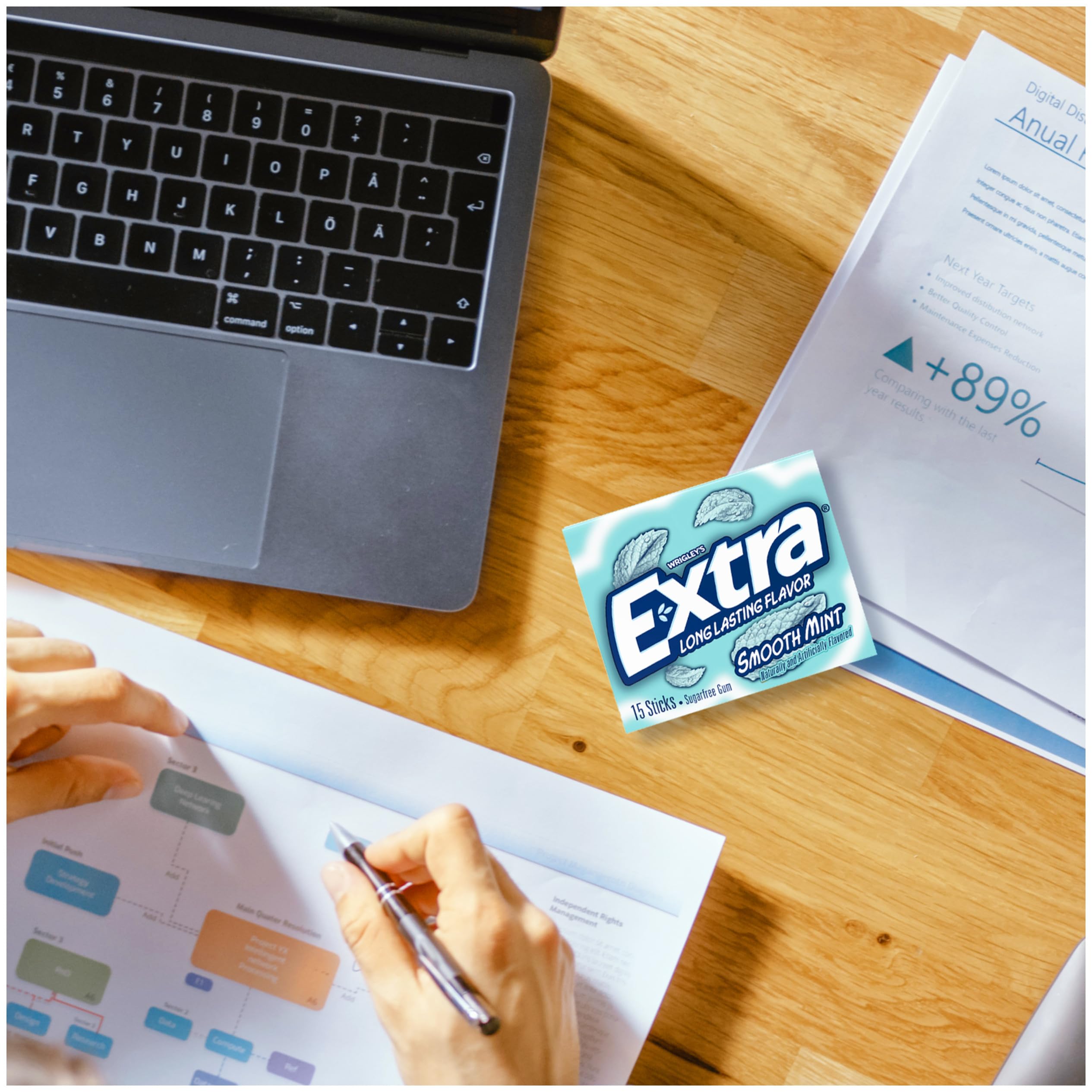 WRIGLEY'S EXTRA on an office desk illustrating on-the-job focus and breath boost