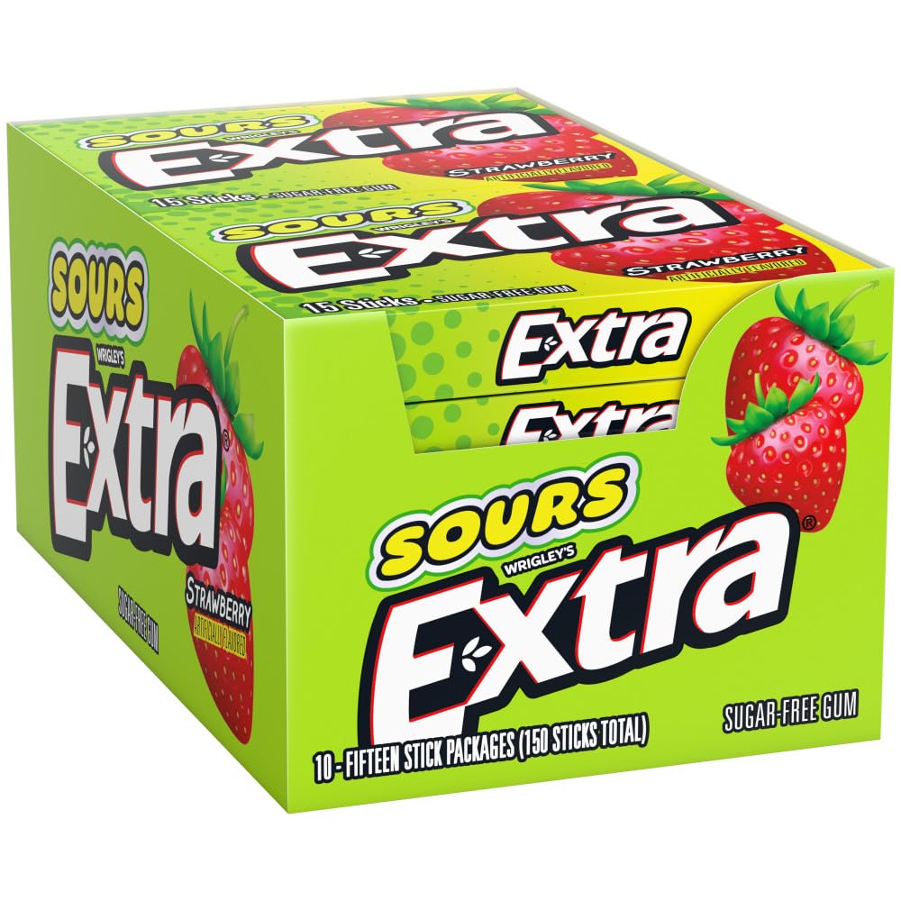 WRIGLEY'S EXTRA front packaging showing sour strawberry flavor and sugar-free benefit