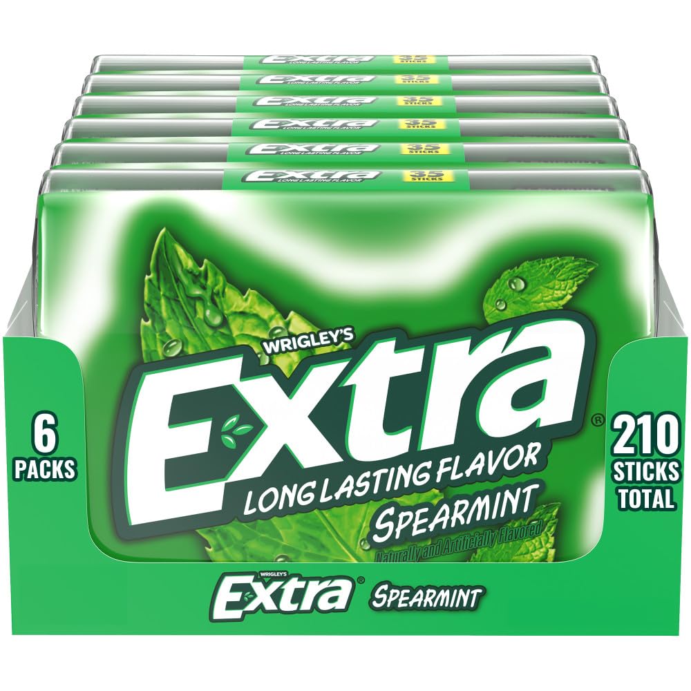WRIGLEY'S EXTRA front packaging showing six spearmint packs and easy storage benefit