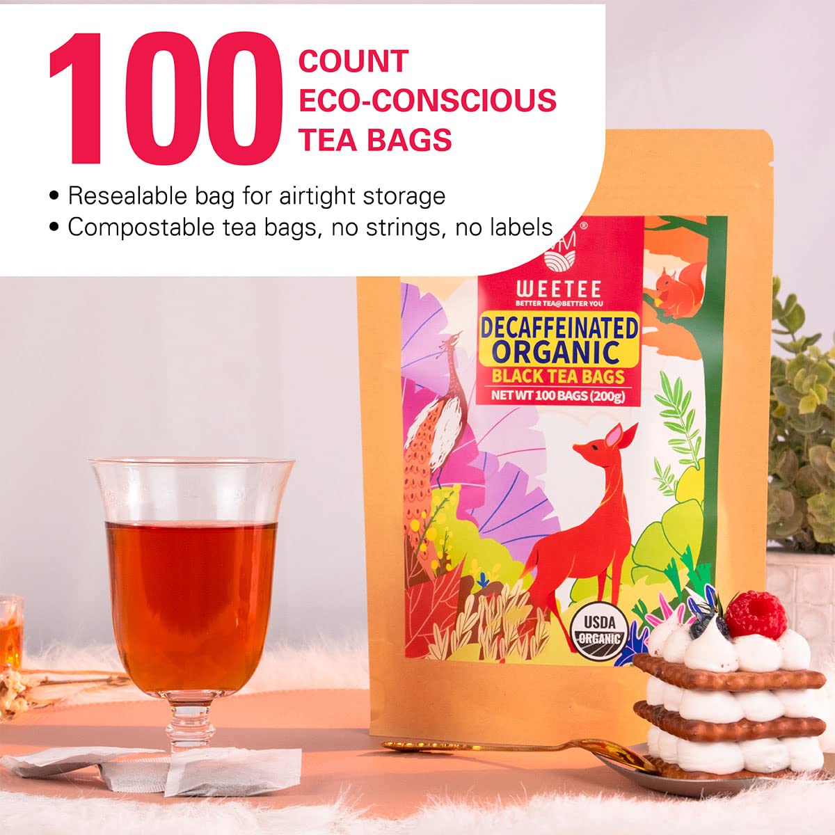 WT WEETEE tea bag in hand showing size and single-serve convenience for portion control