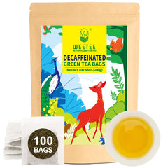 WT WEETEE front packaging showing 100-count decaf green tea, clear shelf-ready labeling