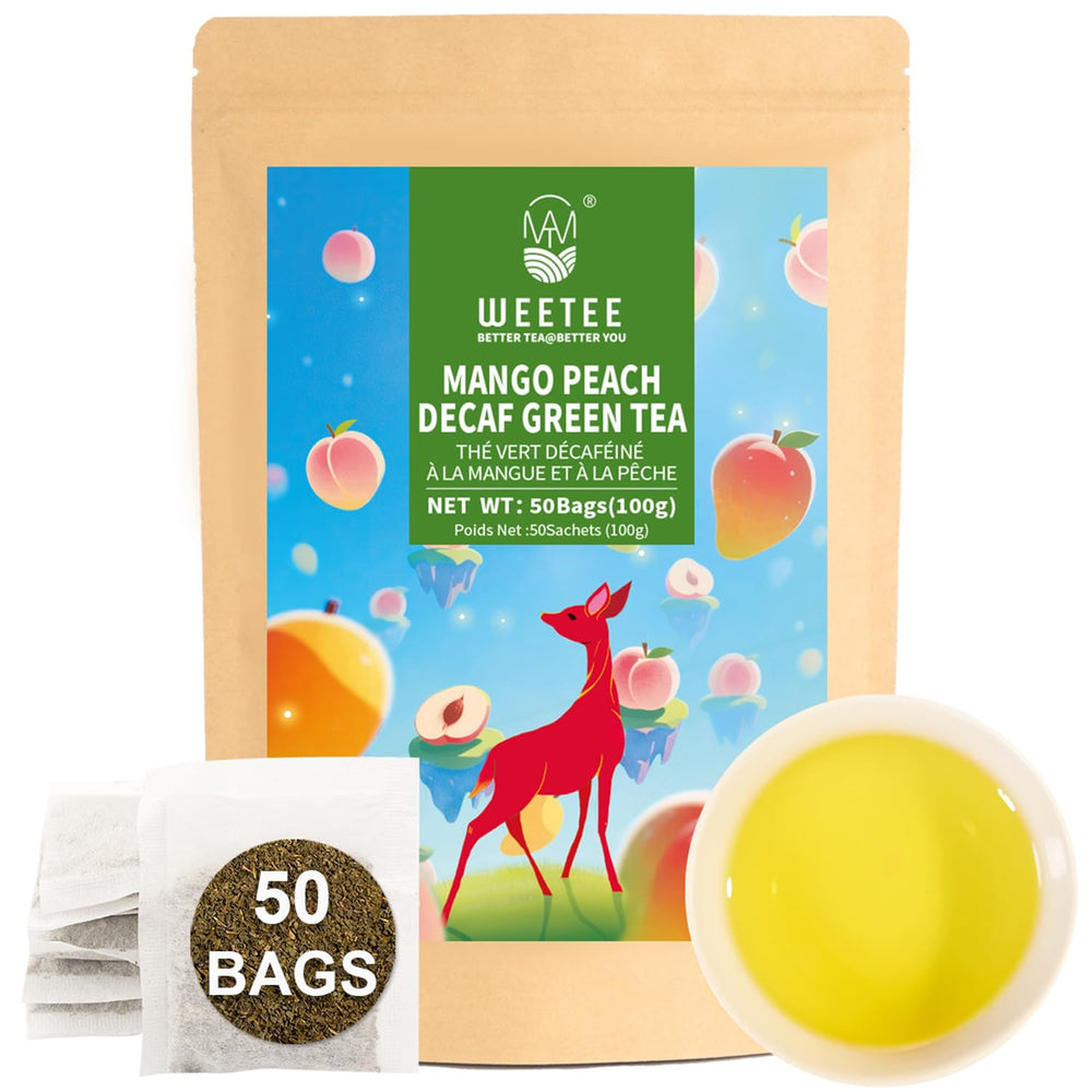 WT WEETEE front pack showing mango peach decaf green tea benefits