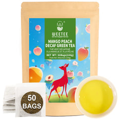 WT WEETEE front pack showing mango peach decaf green tea benefits