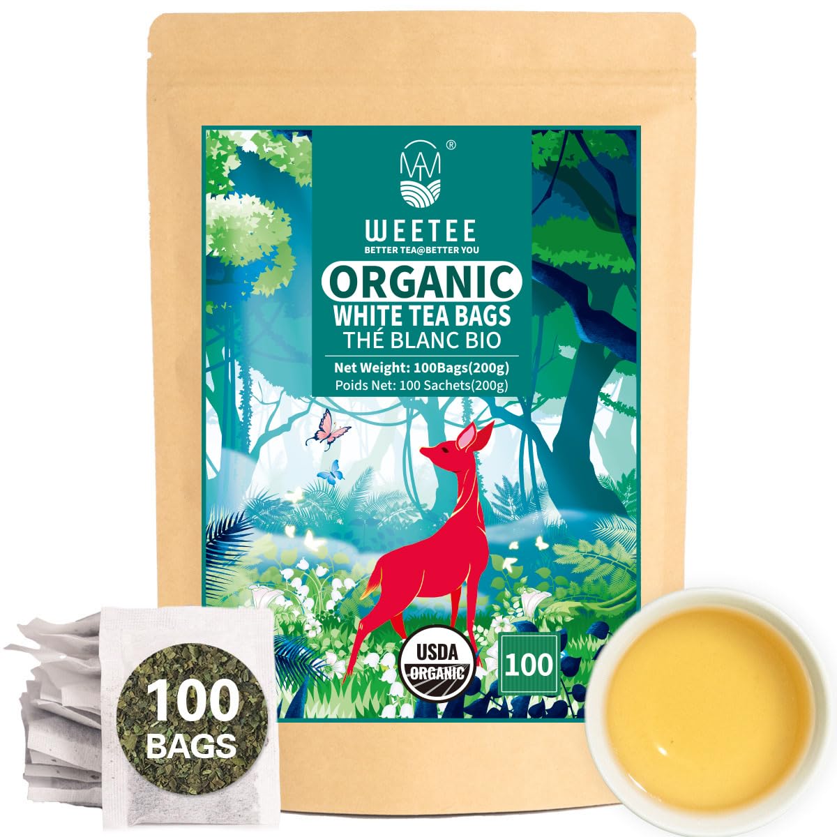 WT WEETEE front packaging showing 100ct white tea bags and clear labeling for convenience