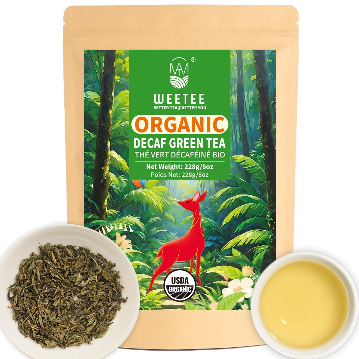 WT WEETEE front packaging showing organic decaf green tea benefits