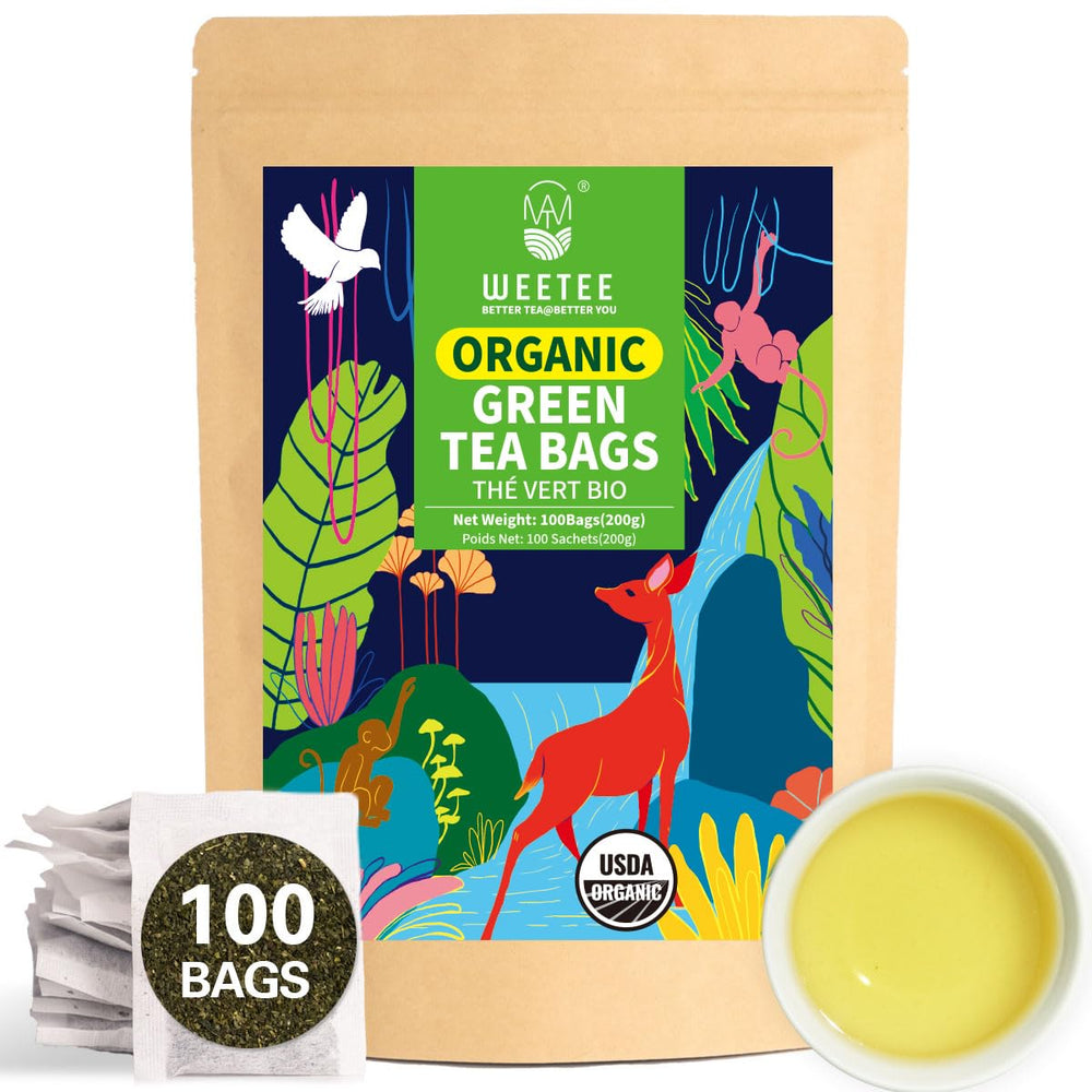 WT WEETEE front packaging showing 100-count organic green tea bags and clear branding for convenience