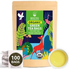 WT WEETEE front packaging showing 100-count organic green tea bags and clear branding for convenience