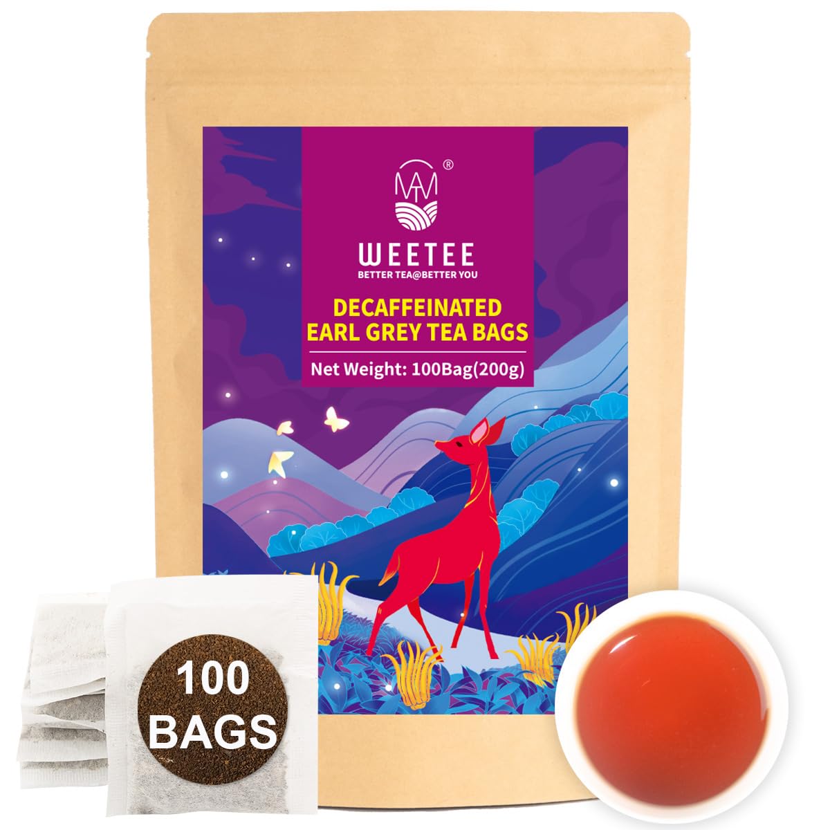 WT WEETEE front packaging showing resealable pouch and 100 tea bags benefit freshness