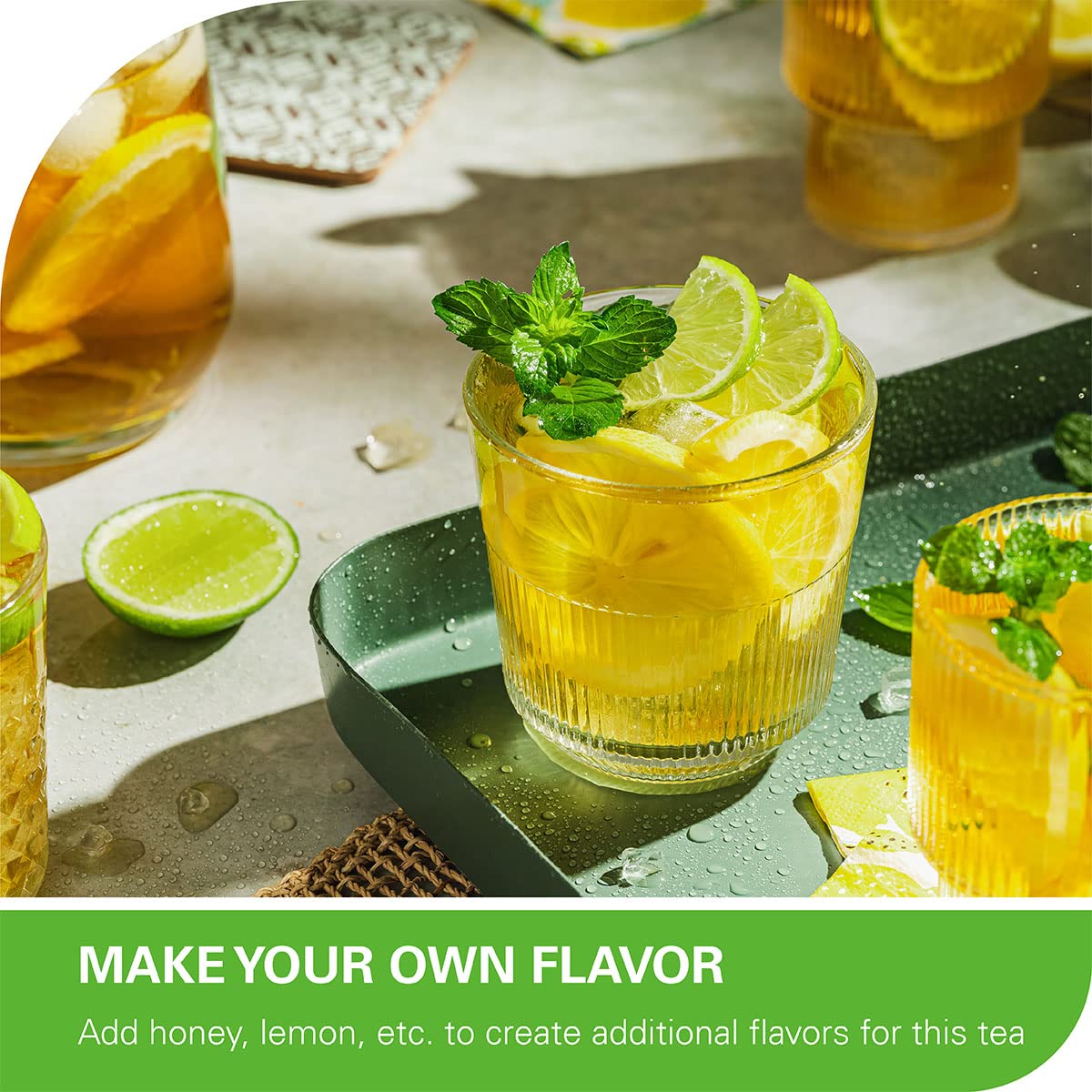 WT WEETEE pitcher of iced green tea served with lemon illustrating refreshing cold-brew versatility