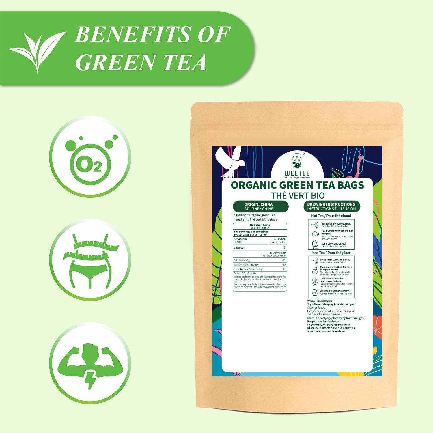 WT WEETEE loose organic green tea leaves photo conveying natural ingredients and pure flavor