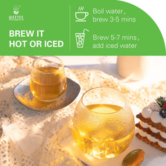 WT WEETEE steaming cup of brewed decaf green tea showing smooth, fresh aroma