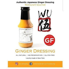WU DRESSING label close-up highlighting all natural and gluten-free benefits
