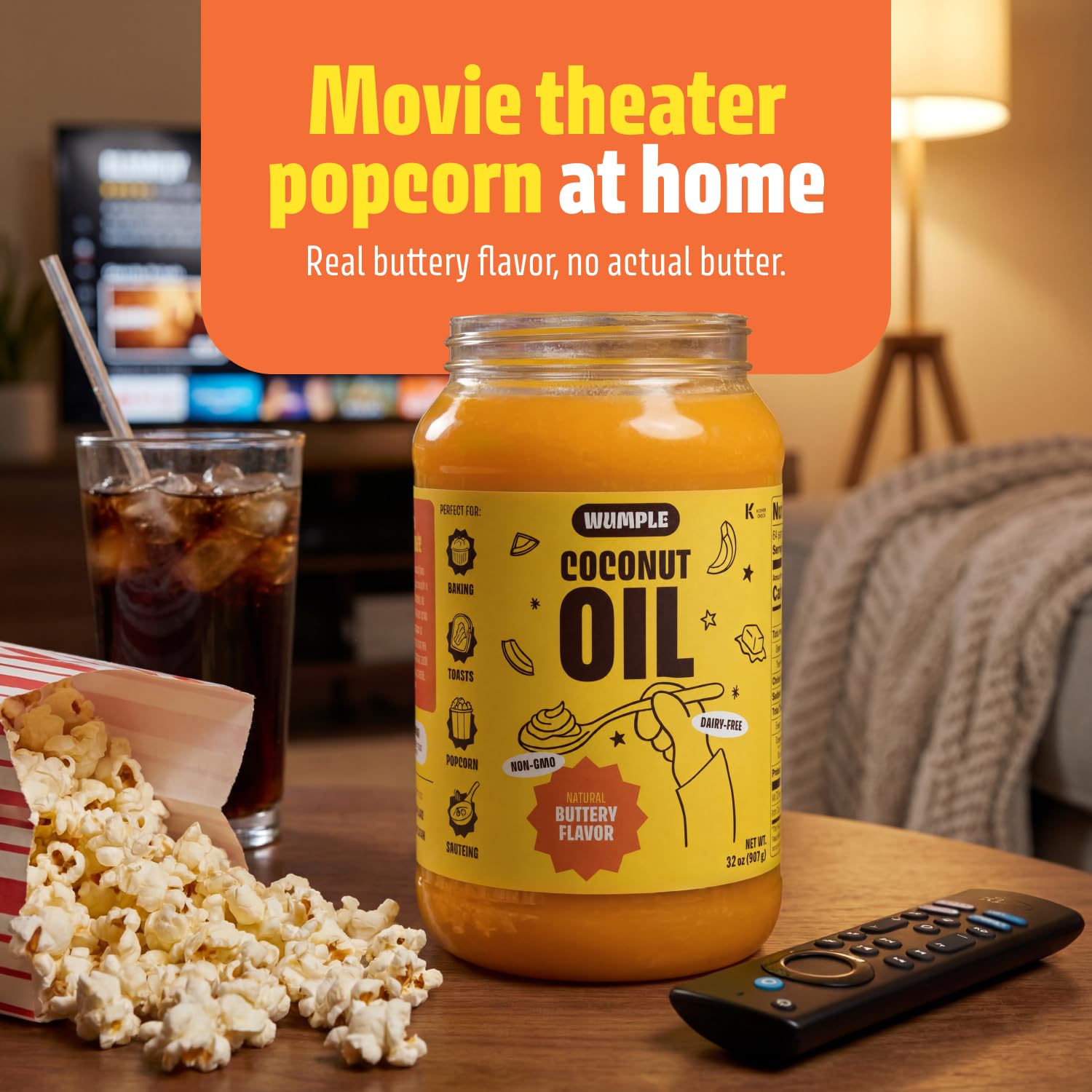 wumple pouring onto popcorn to create movie-theater buttery flavor