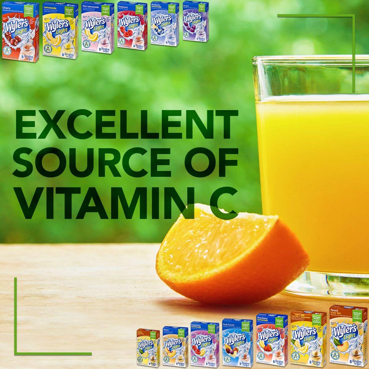 Wyler's Light single packet beside a hand to show portable peach flavor and simple mixing on the go