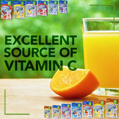 Wyler's Light single packet beside a hand to show portable peach flavor and simple mixing on the go