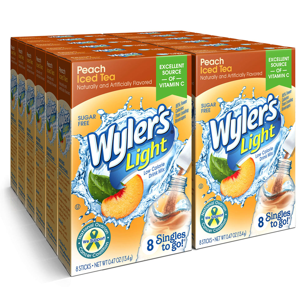 Wyler's Light front box showing Peach Iced Tea and 8-count benefits