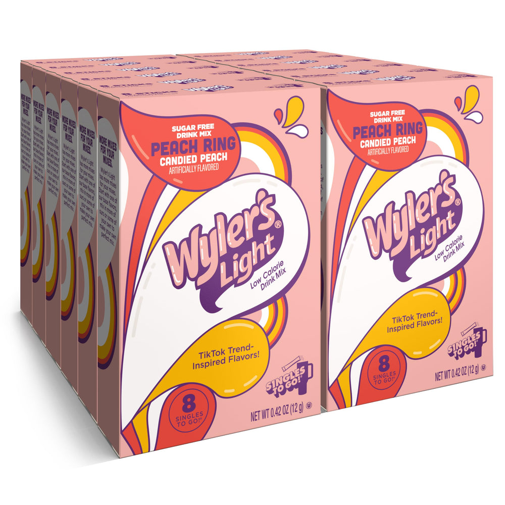 Wyler's Light front packaging showing Peach Ring and 96 packets, convenient for stocking