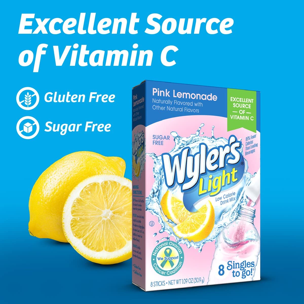 Wyler's Light packet next to 16.9 oz water bottle showing proper serving size
