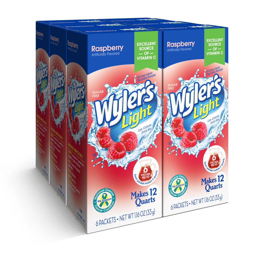 Wyler's Light front packaging showing raspberry pitcher packs and benefits
