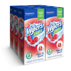 Wyler's Light front packaging showing raspberry pitcher packs and benefits
