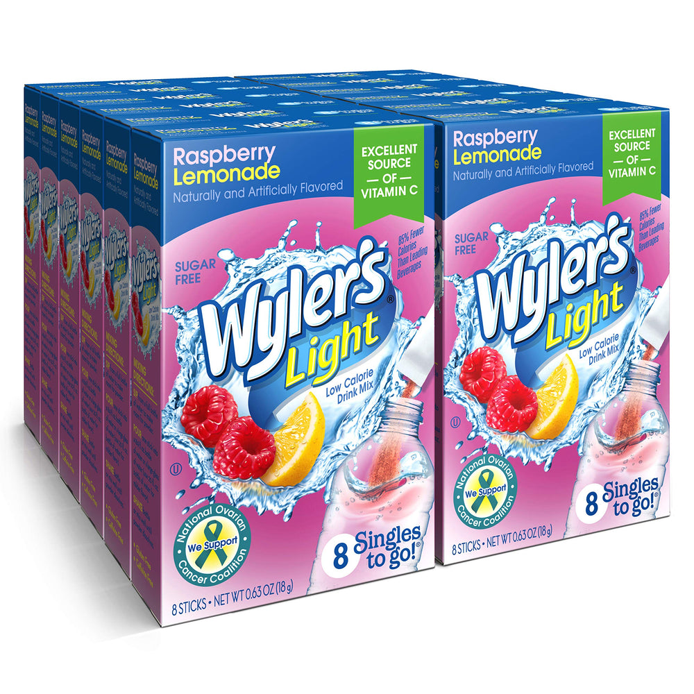 Wyler's Light front box showing Raspberry Lemonade and 96 packets, portable hydration benefit