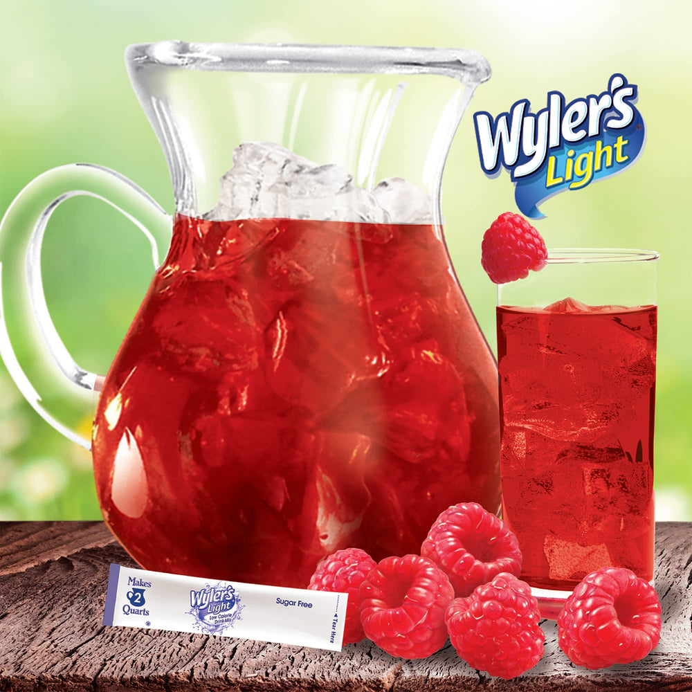 Wyler's Light 36 raspberry packets arranged beside a pitcher showing quantity