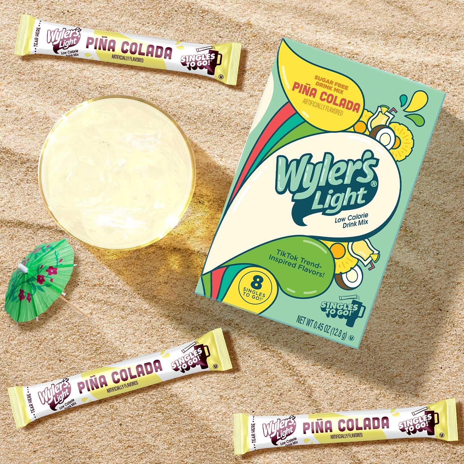 Wyler's Light packet next to a 16oz bottle to show single-serve portion size