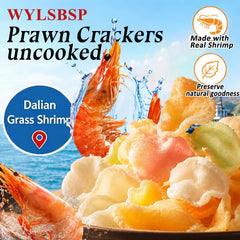 WYLSBSP close-up of uncooked prawn slice texture showing uniform cut for even puffing