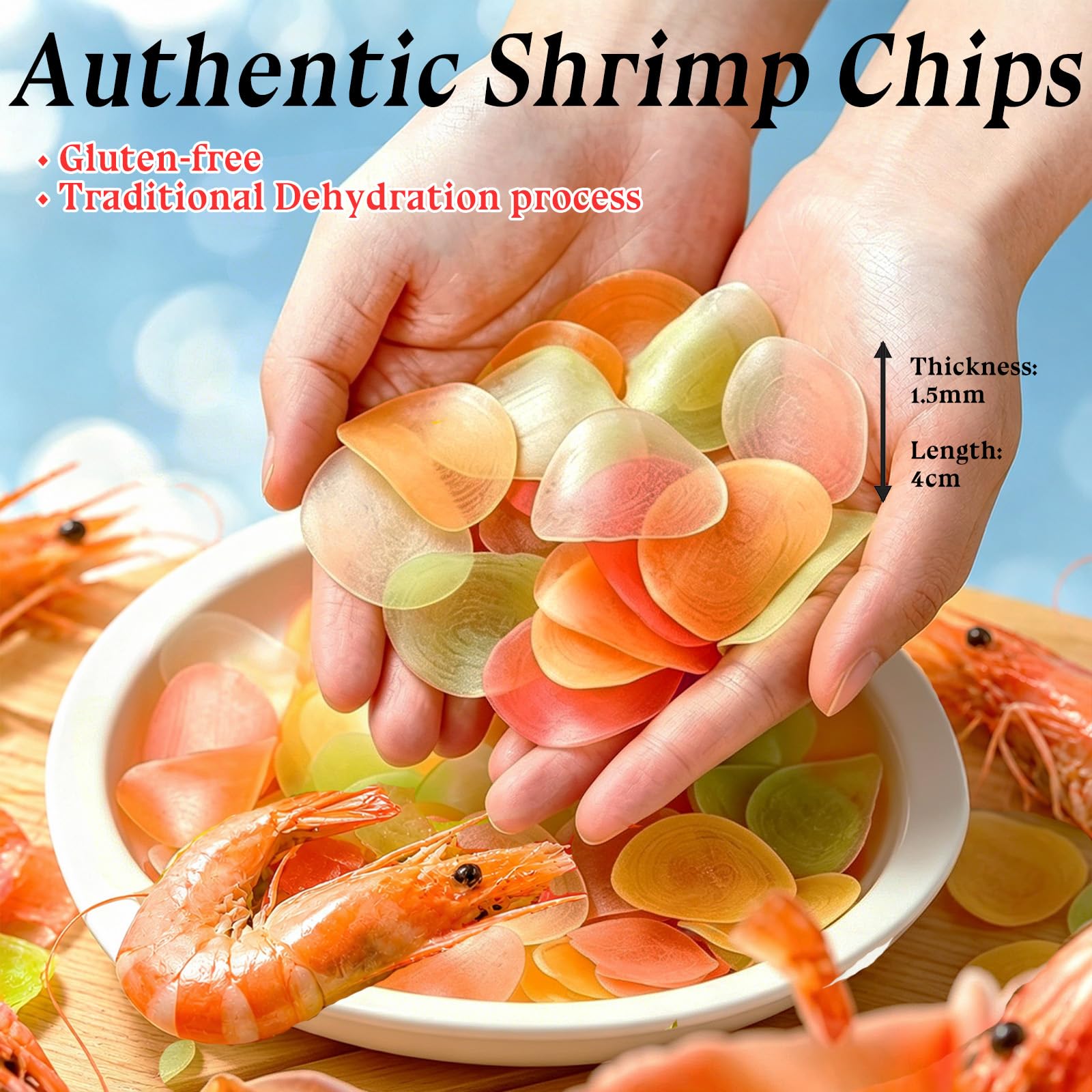 WYLSBSP fully expanded shrimp chip in hand demonstrating lightweight crisp benefit