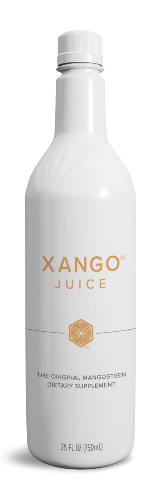 XANGO bottle front packaging showing label and 750 ml measurement, clear brand visibility and trust
