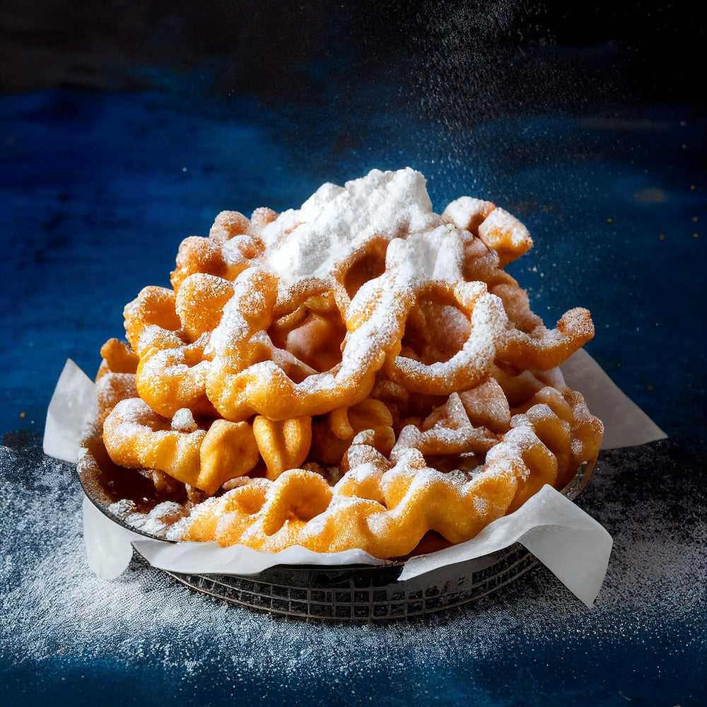 Xcell International funnel cake plated with fruit and powdered sugar for customizable servings