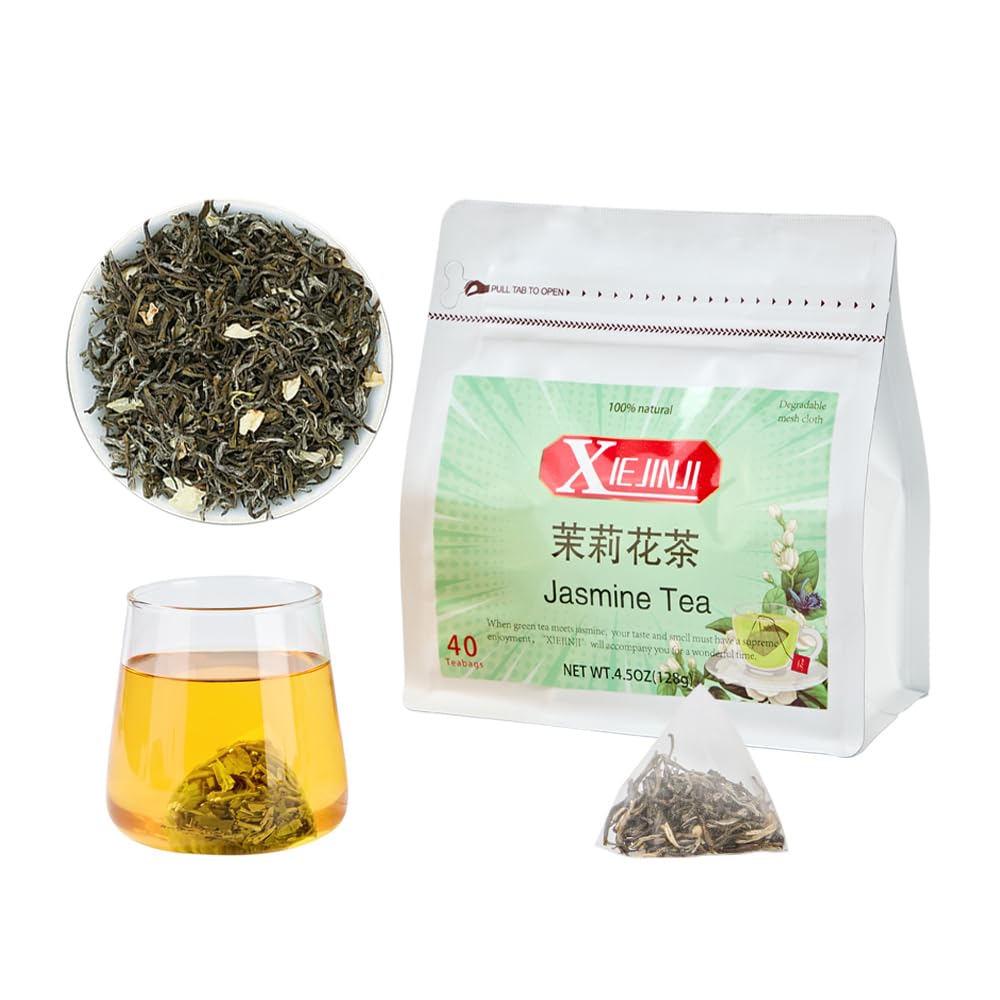 XIEJINJI front packaging showing 40-count jasmine tea bags and benefits
