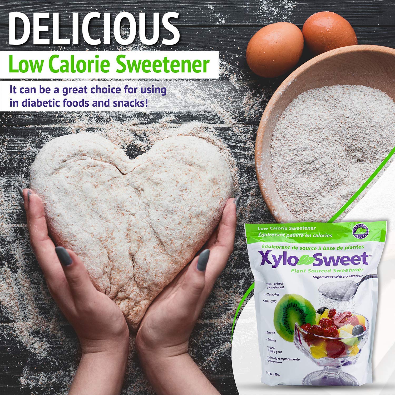 Xlear XyloSweet in measuring cup highlighting one-to-one sugar substitution advantage