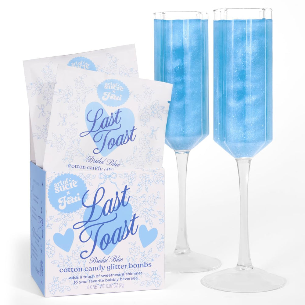 xo, Fetti front packaging showing four bridal blue cotton candy bombs and party-ready design