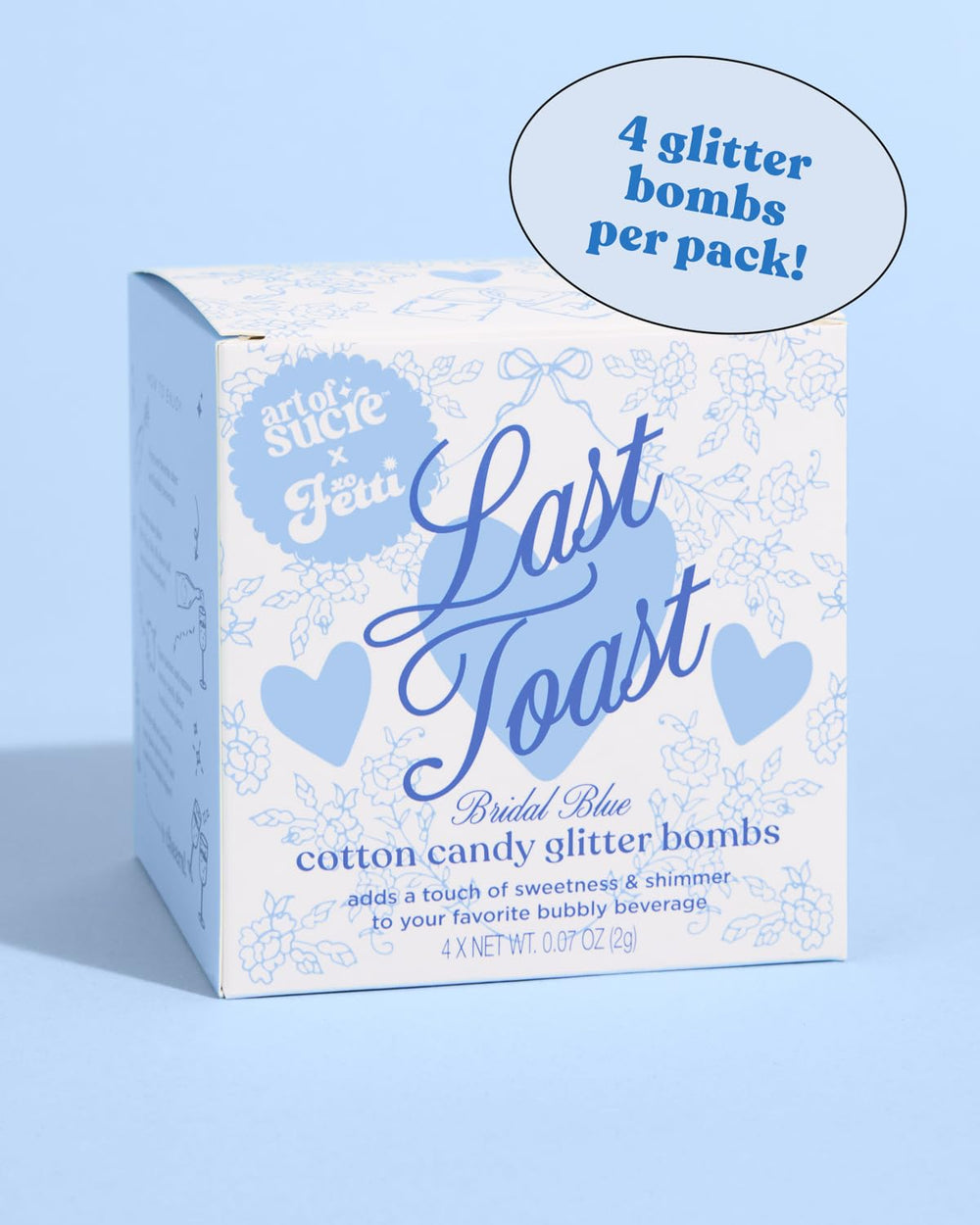 xo, Fetti label and ingredients closeup showing food-safe glitter and cotton candy base