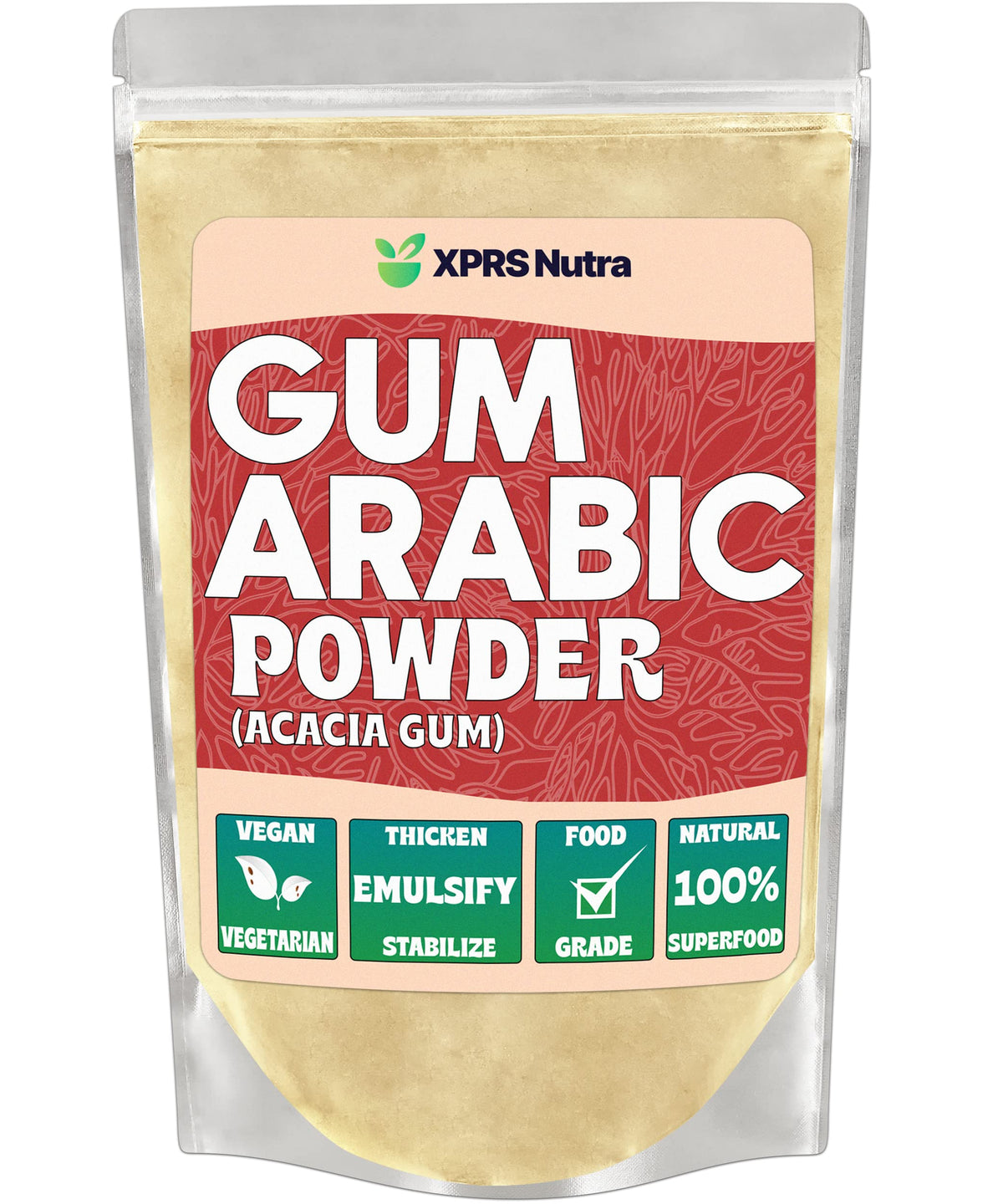 XPRS Nutra front packaging showing 1 lb gum arabic for versatile use